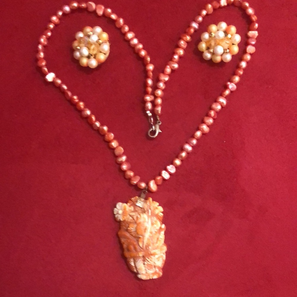 Pearl and Coral Necklace & Clip On Earrings